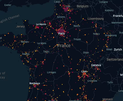 Map showing overall activity occurred with 5G devices in France 