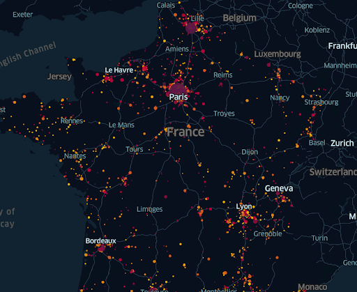 Map showing overall activity occurred with 5G devices in France 