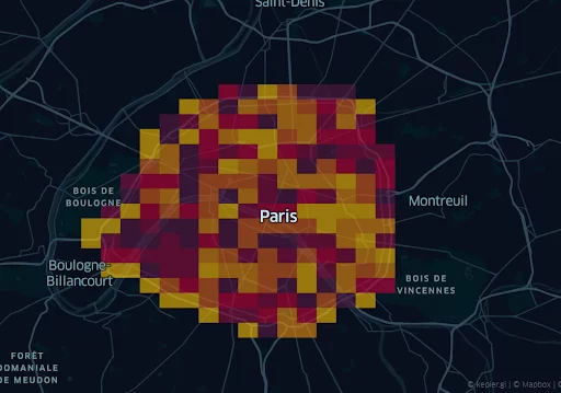Map showing the percentage of 5G device users among total users in each particular square in Paris