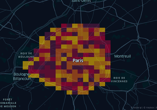 Map showing the percentage of 5G device users among total users in each particular square in Paris